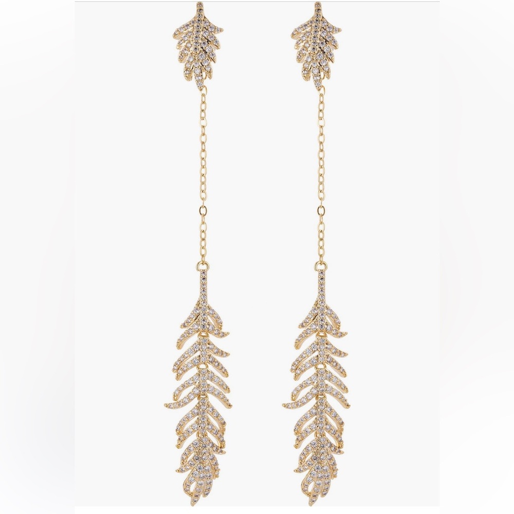NWOT Eye Candy Los Angeles 14K Gold Plated Pave Cubic Zirconia Feather Earrings